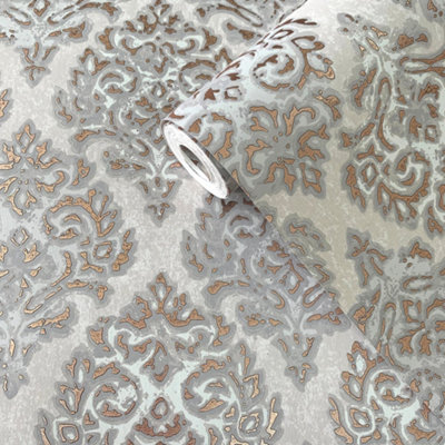 Galerie Lustre Collection Metallic Embossed Modern Damask Wallpaper Roll from B&Q