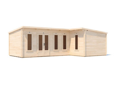 Dunster House L-Shaped Log Cabin Pent Roof 24mm Double Glazed Windows W7.5M X D5M / W24' X D16'6" Hellwolf from B&Q
