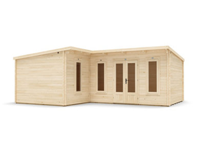 Dunster House L-Shaped Log Cabin Pent Roof 24mm Double Glazed Windows W7M X D5M / W22'6" X D16'6" Hellwolf from B&Q