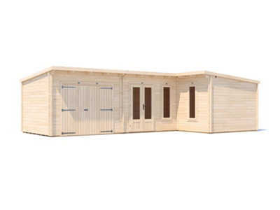Dunster House L-Shaped Log Cabin Pent Roof 24mm Double Glazed Windowsw9M X D5M / W29' X D16'6" Hellwolf from B&Q