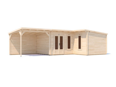 Dunster House L-Shaped Log Cabin Pent Roof 24mm Double Glazed Windows W9M X D5M / W29' X D16'6" Hellwolf from B&Q