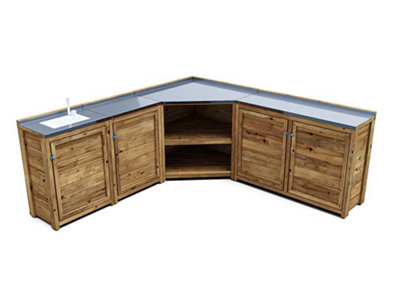 Dunster House 4 Door 2 Shelf Garden Kitchen with Left Hand Sink and Stainless Steel Countertop Brown 87.8 x 295 x 213cm - Image 5