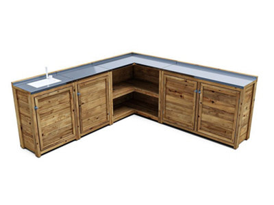 4 Door 2 Shelf Garden Kitchen Left Hand Sink Unit Iii With Stainless Steel Countertop - Size: 87.8 X 295 X 213Cm - Wilko Brown Dunster House - Image 5