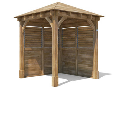 Dunster House Wooden Gazebo Kit Louvre Walled 2.5M X 2.5M Heavy Duty Garden Shelter Roof Shingles Leviathan from B&Q