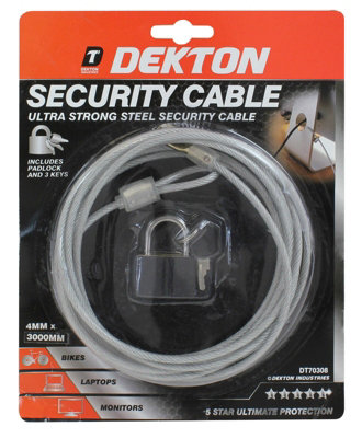 B&Q -  Security Cable 3M Safe Steel Padlock Lock Bike Cycle Monitor Laptops