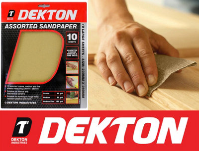 DEKTON 10 Sheets Assorted Grit Sandpaper Fine Medium Coarse Sand Paper Paint 40 60 120 from B&Q