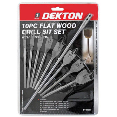 Dekton Dt80290 10 Piece Flat Wood Drill Set Drill BitExtension Bar & Hex Key from B&Q