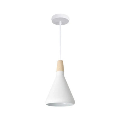 B&Q -  White Cone Pendant Light With Wood Accent And Round Edges310mm HeightE27 Base
