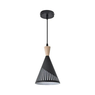 B&Q -  Black Cone Pendant Light With Wood Accent300mm HeightE27 Base