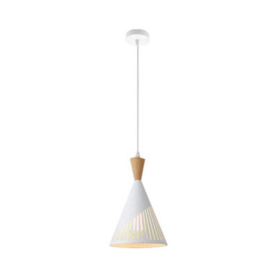 B&Q -  White Cone Pendant Light With Wood Accent300mm HeightE27 Base