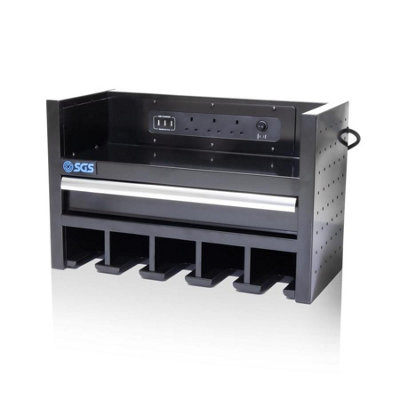 Sgs Black Wall Mounted Power Tool Storage Rack W/ Battery Charging Station Shelf 22In