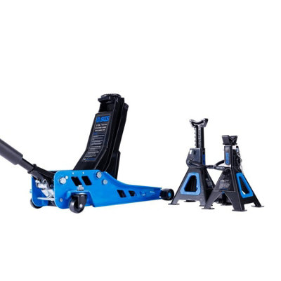 B&Q -  3 Tonne Low Profile Trolley Jack & 2X 3 Tonne Axle Stands Set W/ Rubber Pad