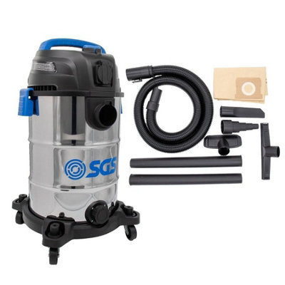 B&Q -  30 Litre Stainless Steel Wet And Dry Vacuum Cleaner With Power Tool Adapter