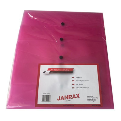  - Pack Of 12 Janrax A4 Pink Document WalletsButton Stud Folder