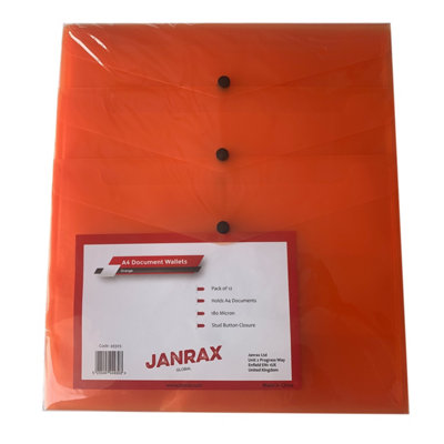  - Pack Of 12 Janrax A4 Orange Document WalletsButton Stud Folder