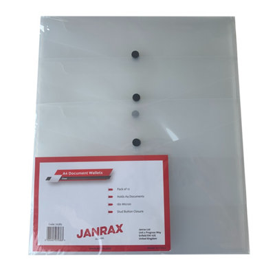  - Pack Of 12 Janrax A4 Clear Document WalletsButton Stud Folder