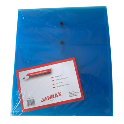  - Pack Of 12 Janrax A4 Blue Document WalletsButton Stud Folder