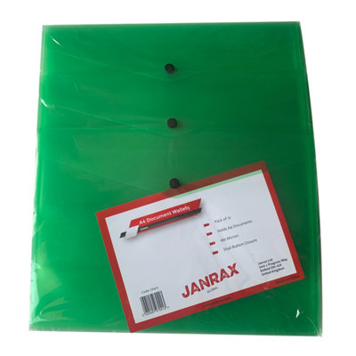 - Pack Of 12 Janrax A4 Green Document WalletsButton Stud Folder