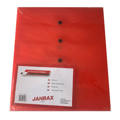  - Pack Of 12 Janrax A4 Red Document WalletsButton Stud Folder