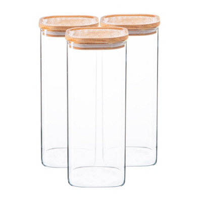 Argon Tableware 3X Glass Storage Jars With Airtight Wooden Lids1.9LSquare Cube Kitchen Storage Container Preserving Jars from B&Q