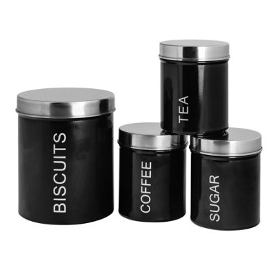 Harbour Housewares 4 Piece Round Metal Kitchen Canisters Set - Black