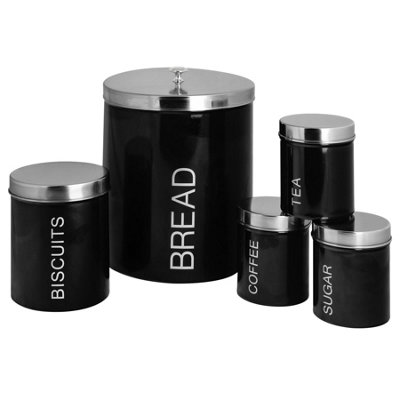 Harbour Housewares Metal Kitchen Canister SetBlack 5Pc Round Retro Food Storage Preservation Canister Caddy Container Bread Bin from B&Q