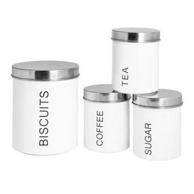 Harbour Housewares 4 Piece Round Metal Kitchen Canisters Set - White