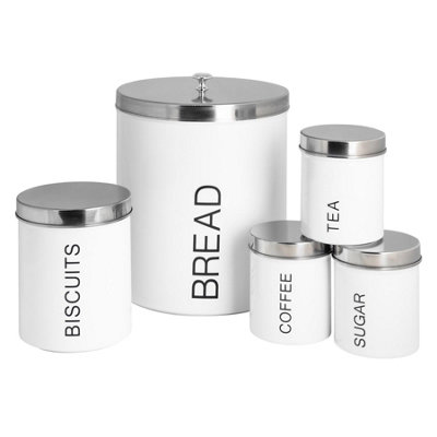 Harbour Housewares Metal Kitchen Canister SetWhite 5Pc Round Retro Food Storage Preservation Canister Caddy Container Bread Bin from B&Q