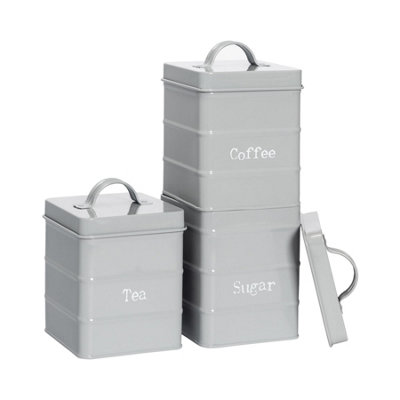 B&Q -  Metal Tea Coffee Sugar Canister SetGrey3Pc Vintage Retro Food Storage Canister Caddy Container Tin