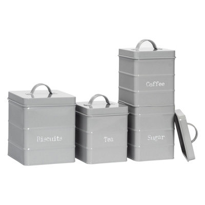 Harbour Housewares 4 Piece Vintage Metal Kitchen Canisters Set - Grey