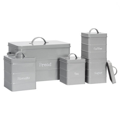 Harbour Housewares 5 Piece Vintage Metal Kitchen Canisters Set - Grey
