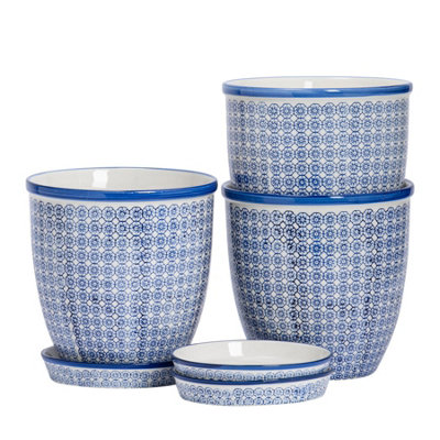 Nicola Spring Hand-Printed Plant Pots With Saucers20.5CmNavyPack Of 3 from B&Q