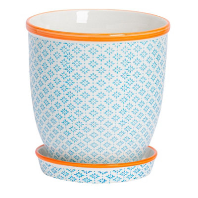 Nicola Spring Hand-Printed Plant Pot With Saucer20.5CmBlue from B&Q