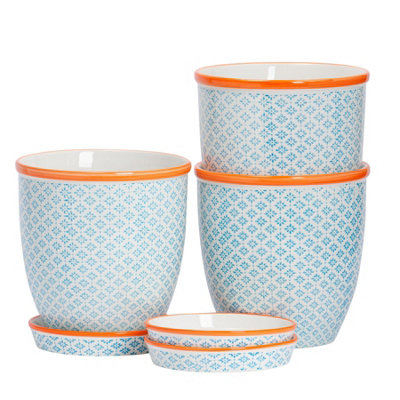 Nicola Spring Hand-Printed Plant Pots With Saucers20.5CmBluePack Of 3 from B&Q