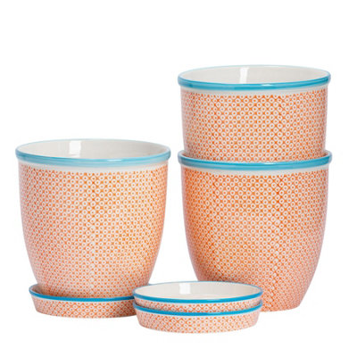 Nicola Spring Hand-Printed Plant Pots With Saucers20.5CmOrangePack Of 3 from B&Q