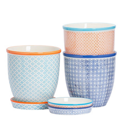 Nicola Spring Hand-Printed Plant Pots With Saucers20.5Cm3 ColoursPack Of 3 from B&Q