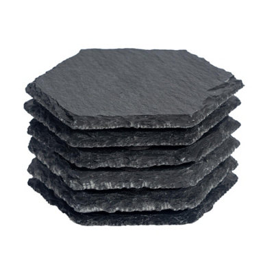 B&Q -  6X Hexagonal Slate CoastersDrink Coasters Black Stone Natural Slate Rough Edge Drinks Mat Mug Glass Cup Mats