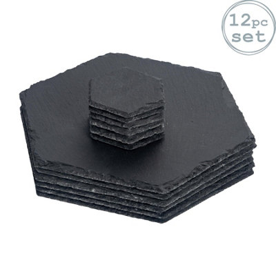 Argon Tableware 12Pc Hexagonal Slate Placemats & Coasters SetBlack Natural Stone Dinnerware Plate Placemats Drink Mats from B&Q