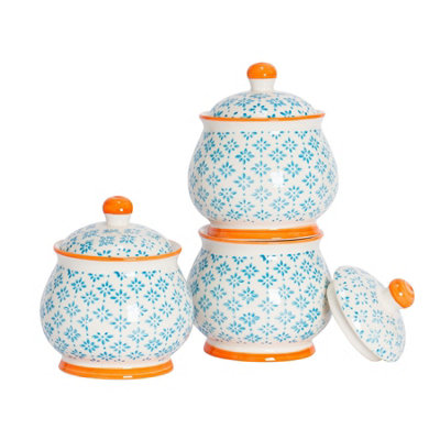 Nicola Spring Unisex Blue Patterned Sugar Bowls With Lid - 3X Kitchen Storage Jar Sugar Pot - Image 3