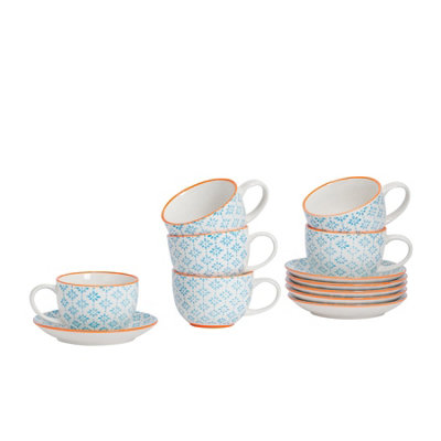 Nicola Spring 12 Piece Hand-Printed Cappuccino Cup & Saucer Set - 250Ml - Blue