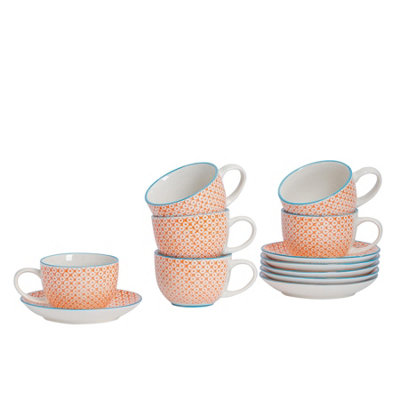 Nicola Spring 12 Piece Hand-Printed Cappuccino Cup & Saucer Set - 250Ml - Orange