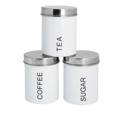 B&Q -  Metal Tea Coffee Sugar Canister SetWhite3Pc Round Retro Food Storage Canister Caddy Container Tin