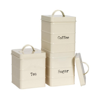 B&Q -  Metal Tea Coffee Sugar Canister SetCream3Pc Vintage Retro Food Storage Canister Caddy Container Tin