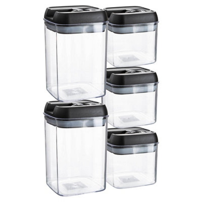 B&Q -  5Pc Food Storage Containers SetBlack Airtight Plastic Storage Pantry Food Organiser With Flip Lock Lid 2 Sizes