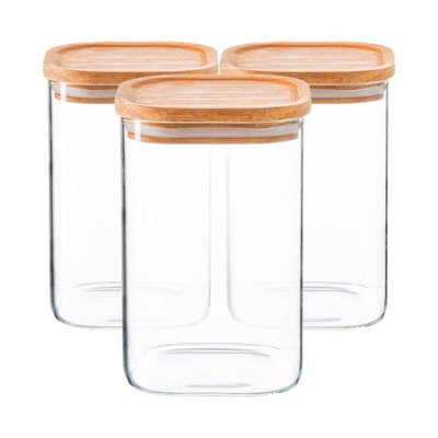 Argon Tableware 6X Glass Storage Jars With Airtight Wooden Lids1.1LSquare Cube Kitchen Storage Container Preserving Jars from B&Q
