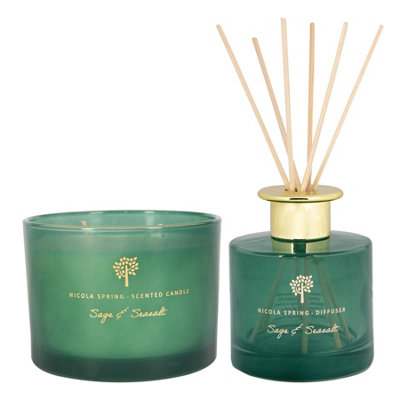 B&Q -  Sage & Seasalt Scented Candle & Diffuser Set350G Natural Soy Wax Candle & Home Air Freshener Set
