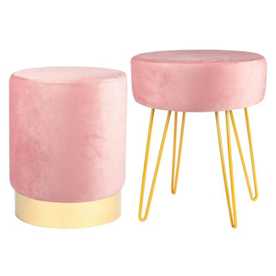 Harbour Housewares 2 Piece Round Velvet Footstools Set - Pink