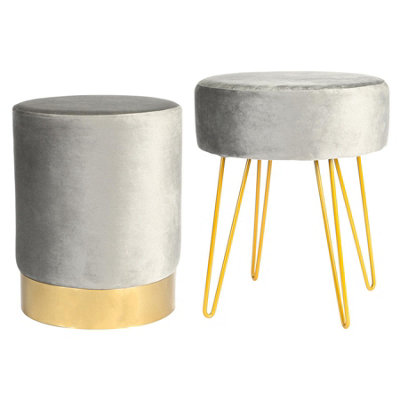 Harbour Housewares 2 Piece Round Velvet Footstools Set - Grey