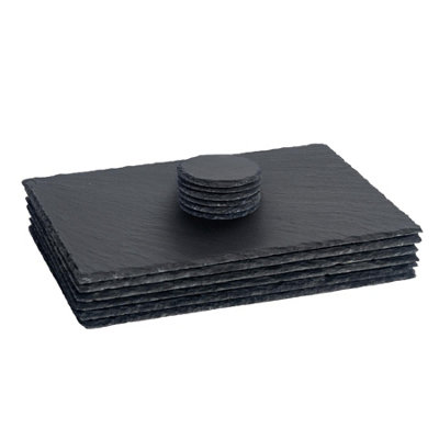 Argon Tableware 12Pc Rectangular Slate Placemats & Coasters SetBlack Natural Stone Dinnerware Plate Placemats Drink Mats from B&Q