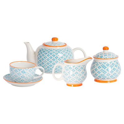 Nicola Spring 15 Piece Hand-Printed Tea SetBlue from B&Q